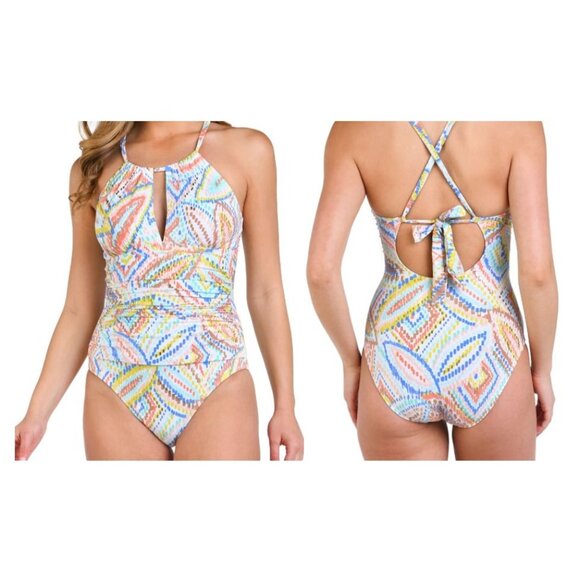 La Blanca Sunbaked Jewels High Neck Keyhole One Piece Swimsuit Sz 10 Multicolor - Picture 1 of 12